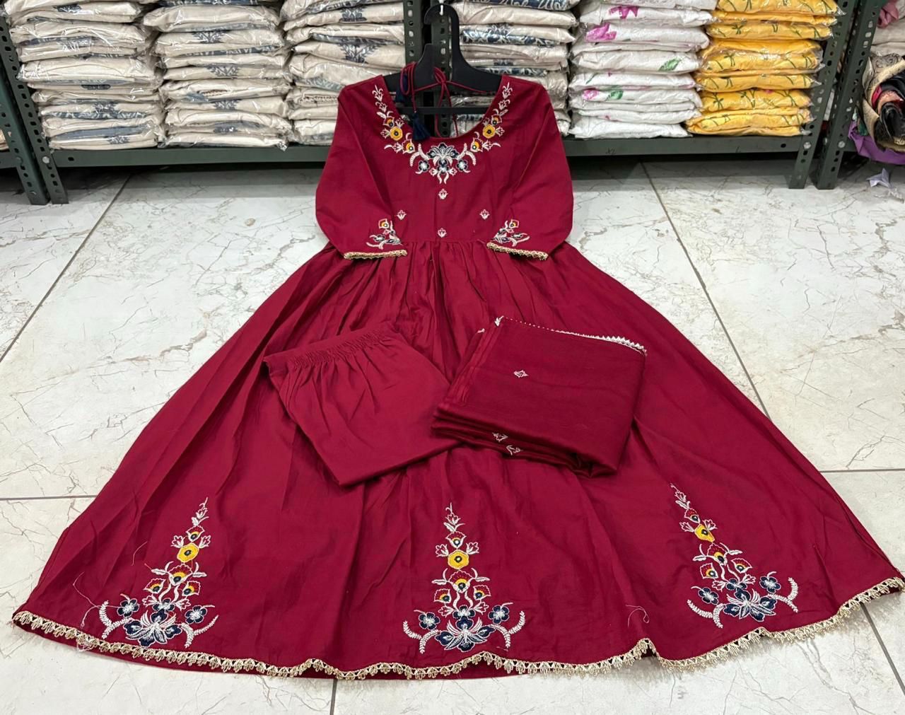 Flared Cotton Kurti Set with Embroidery & Malmal Dupatta