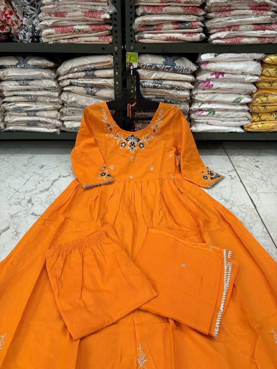 Flared Cotton Kurti Set with Embroidery & Malmal Dupatta