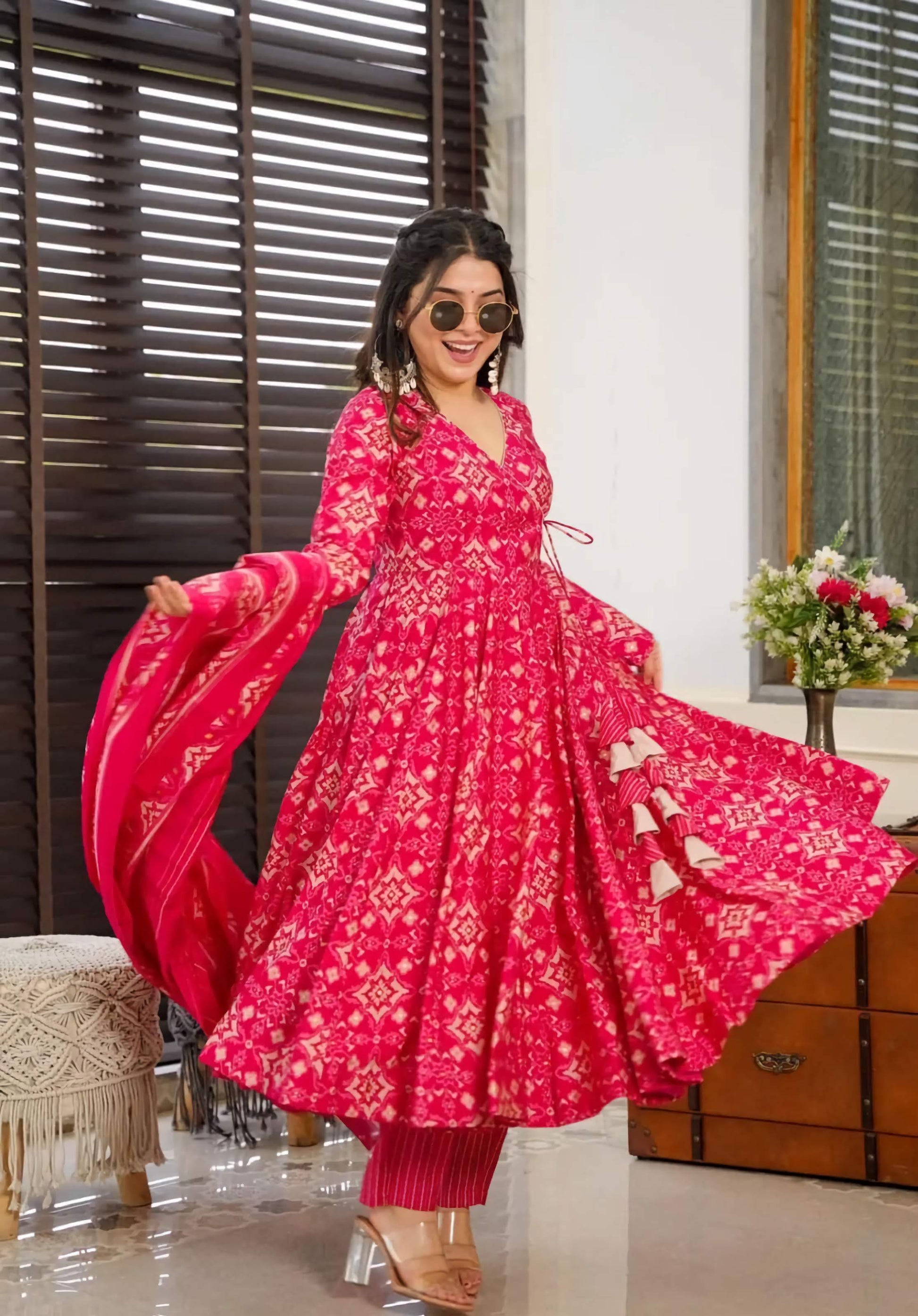 Flared Cotton Suit Set with Side Dori Tassels Kurta, Pant