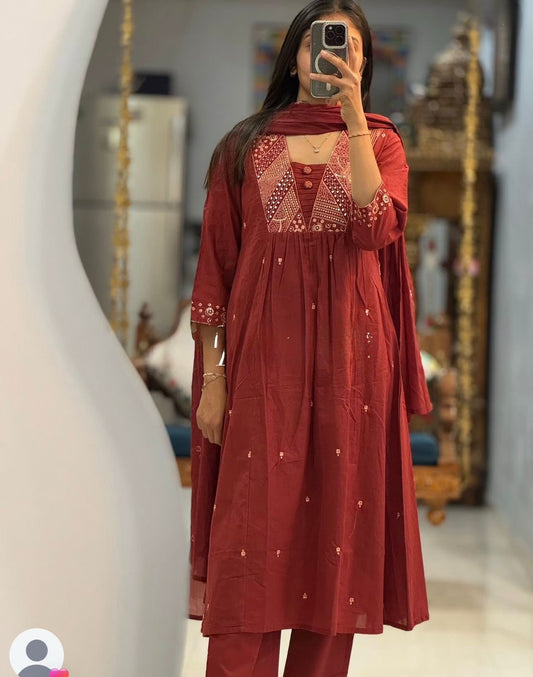 Flared Ghera Cotton Kurti Pant Set with Embroidery & Malmal Dupatta