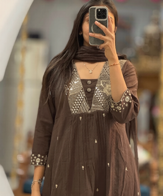 Flared Ghera Cotton Kurti Pant Set with Embroidery & Malmal Dupatta