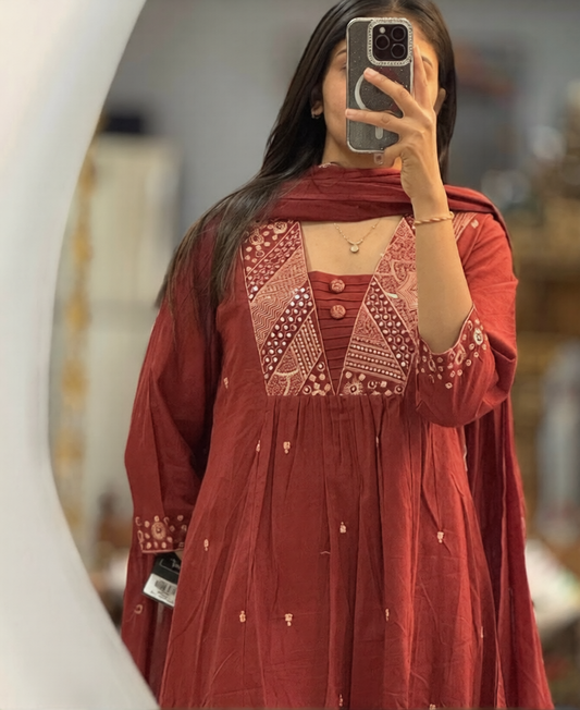 Flared Ghera Cotton Kurti Pant Set with Embroidery & Malmal Dupatta