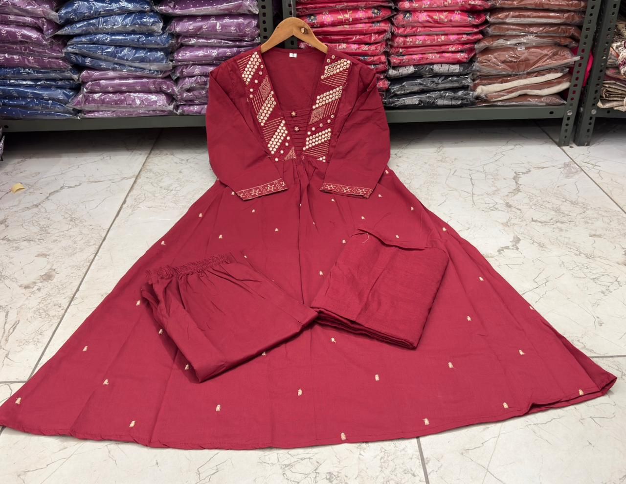Flared Ghera Cotton Kurti Pant Set with Embroidery & Malmal Dupatta