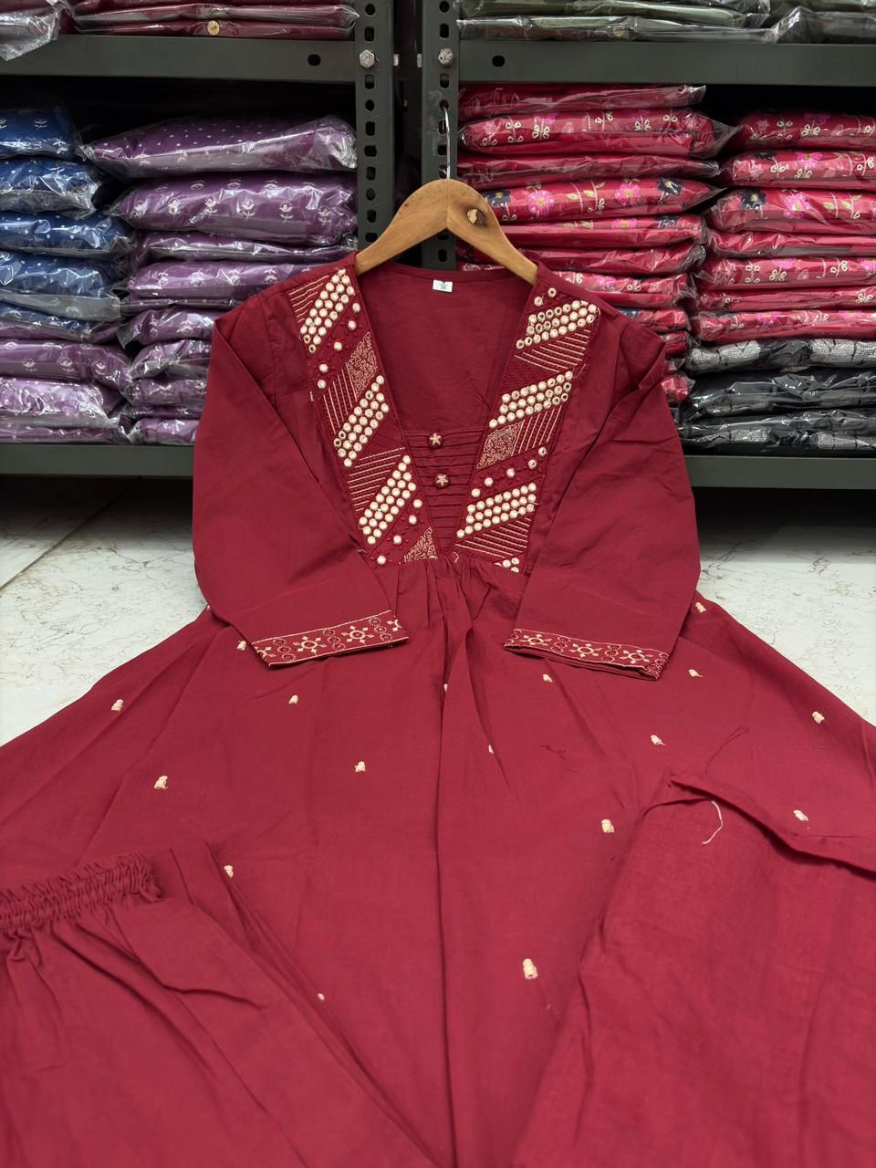 Flared Ghera Cotton Kurti Pant Set with Embroidery & Malmal Dupatta