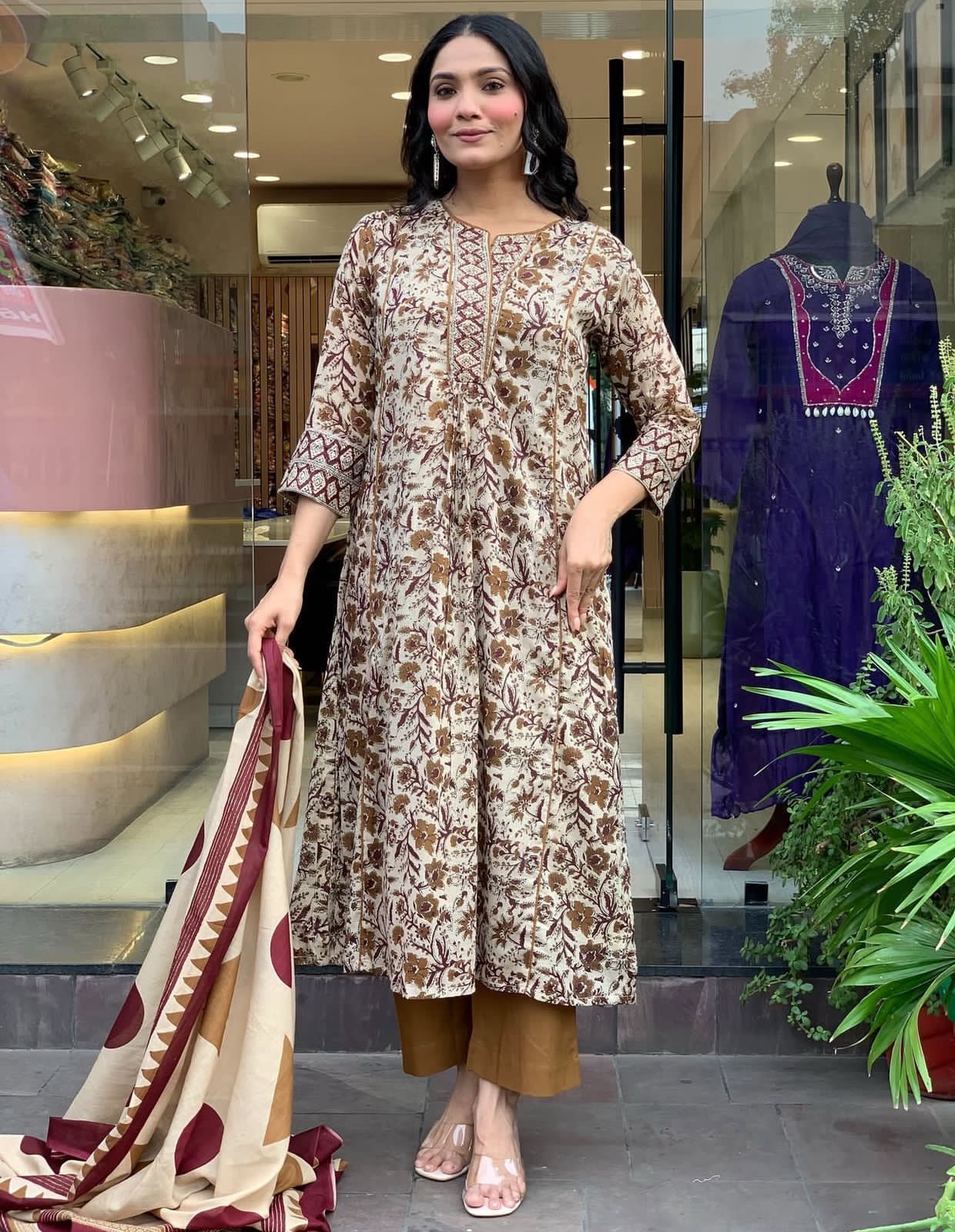 Flared Printed Cotton Anarkali Kurta Set with Pant & Dupatta