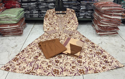 Flared Printed Cotton Anarkali Kurta Set with Pant & Dupatta