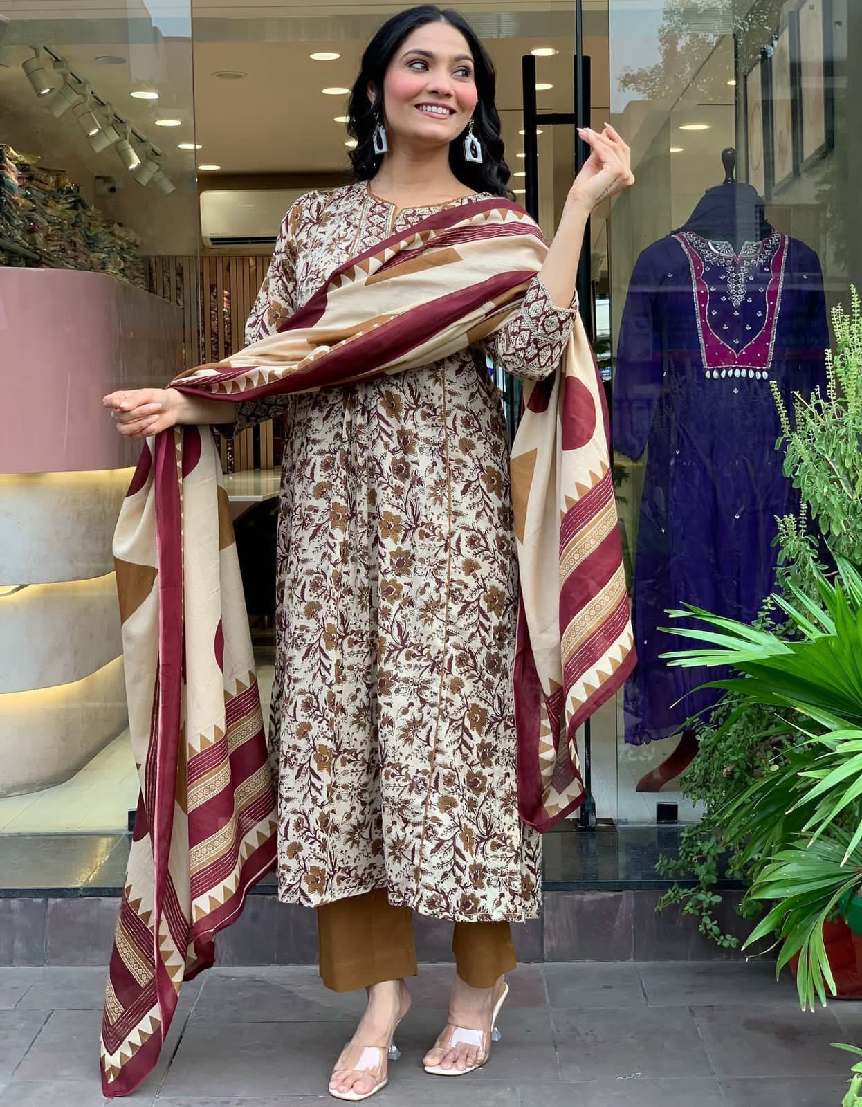 Flared Printed Cotton Anarkali Kurta Set with Pant & Dupatta