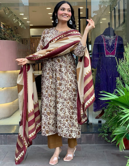 Flared Printed Cotton Anarkali Kurta Set with Pant & Dupatta