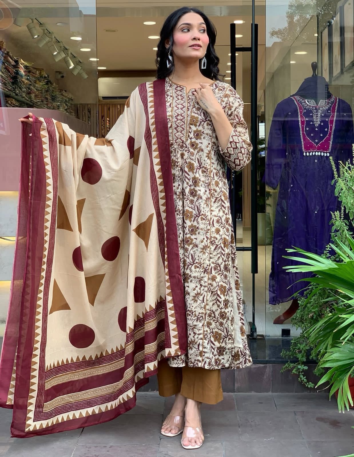 Flared Printed Cotton Anarkali Kurta Set with Pant & Dupatta