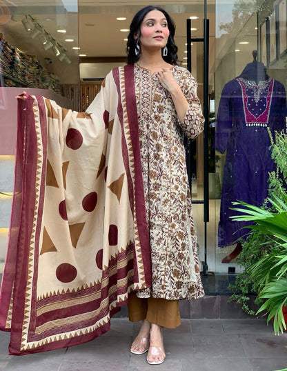 Flared Printed Cotton Anarkali Kurta Set with Pant & Dupatta