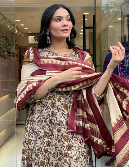 Flared Printed Cotton Anarkali Kurta Set with Pant & Dupatta