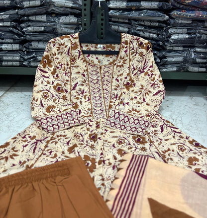 Flared Printed Cotton Anarkali Kurta Set with Pant & Dupatta