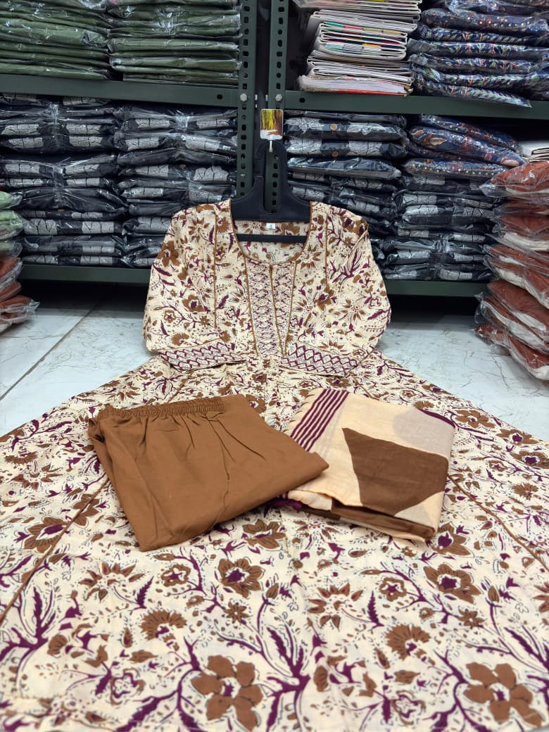 Flared Printed Cotton Anarkali Kurta Set with Pant & Dupatta