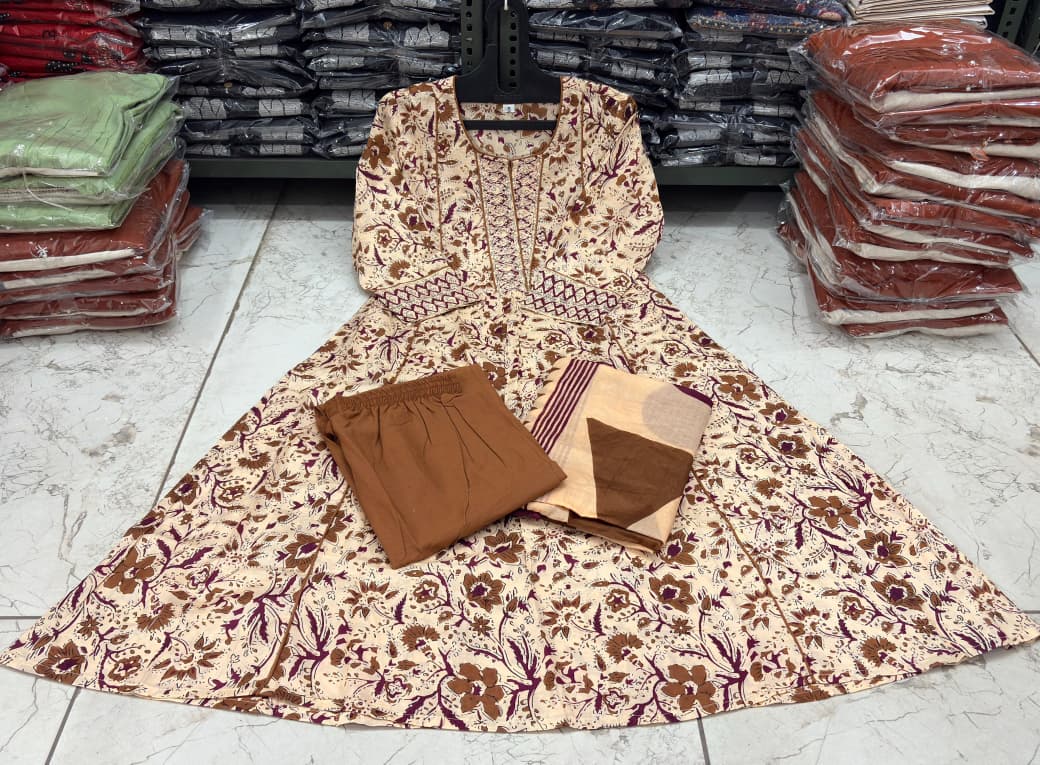 Flared Printed Cotton Anarkali Kurta Set with Pant & Dupatta