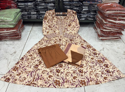 Flared Printed Cotton Anarkali Kurta Set with Pant & Dupatta