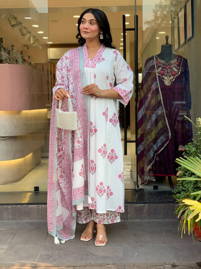 Floral A-Line Cotton Kurti Pant Dupatta Set