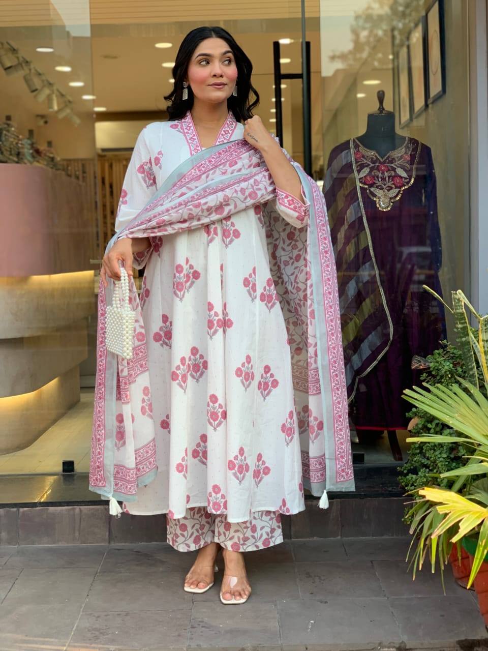 Floral A-Line Cotton Kurti Pant Dupatta Set