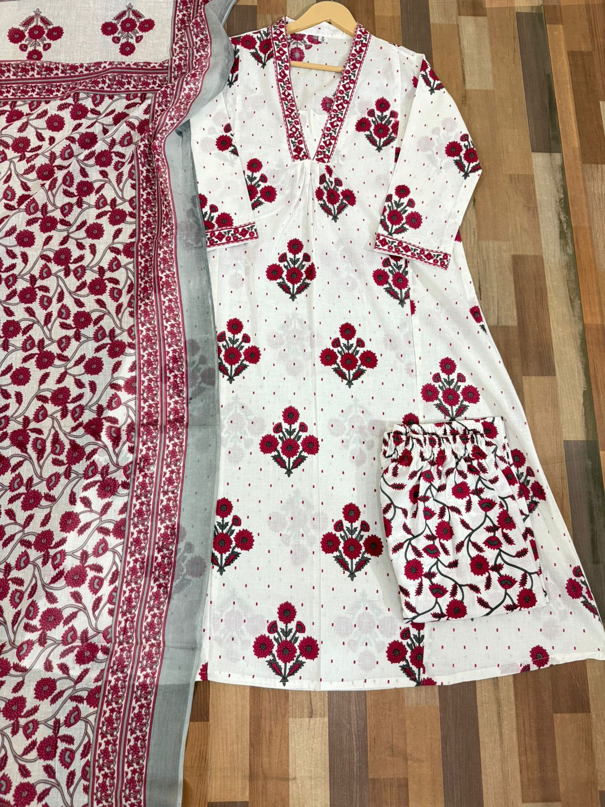 Floral A-Line Cotton Kurti Pant Dupatta Set