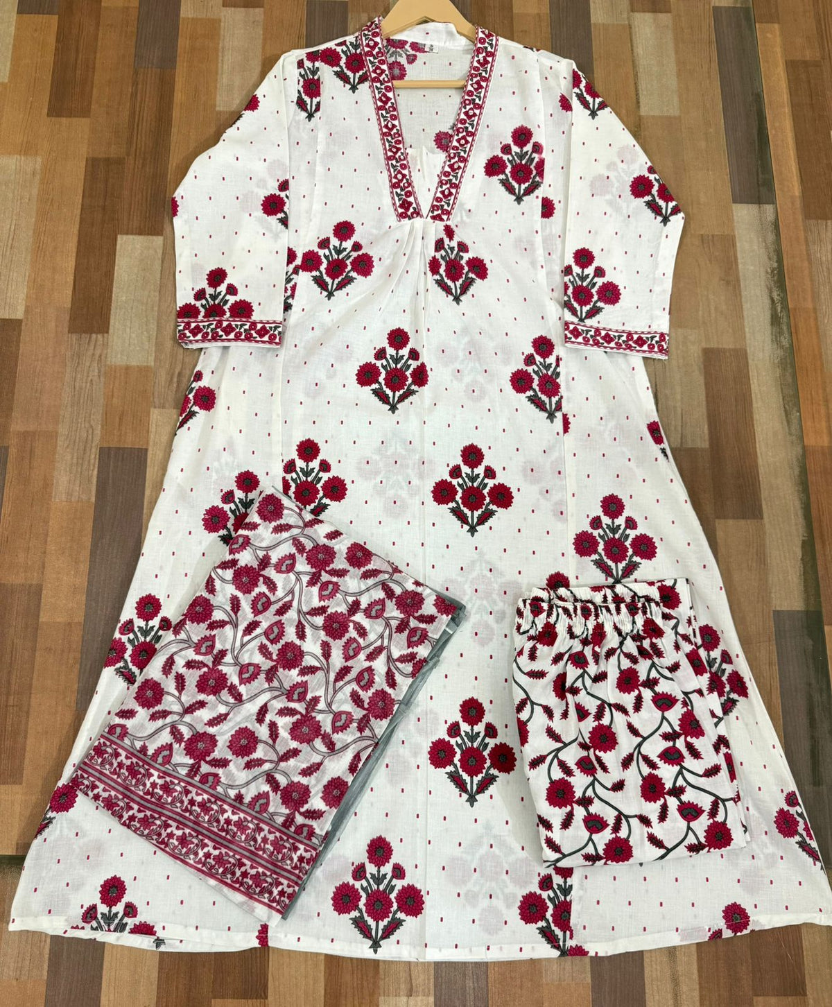 Floral A-Line Cotton Kurti Pant Dupatta Set