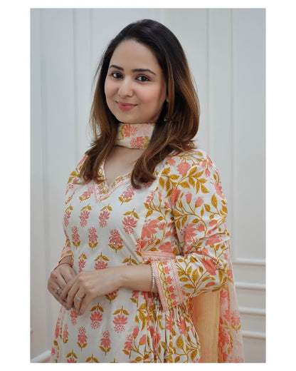 Floral Afghani Cotton Suit Set with Dupatta & Tassel Detailing