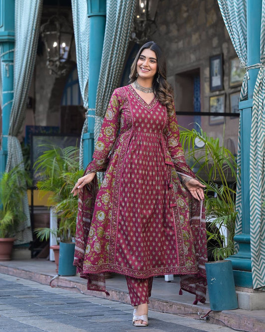 Floral Cotton Suit Set with Embroidery, Side Tassels, and Dabu Print