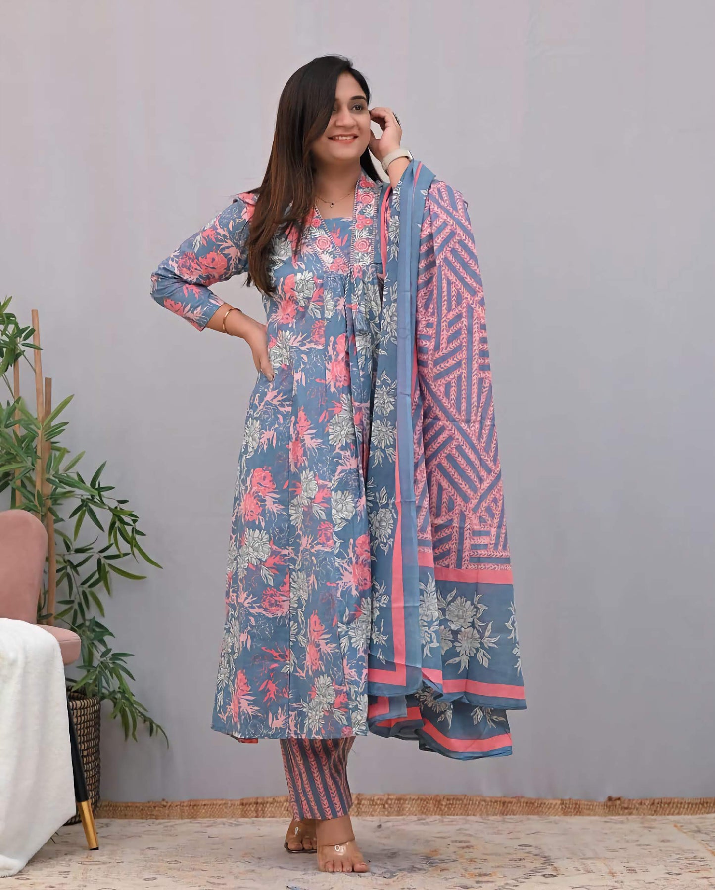 Floral Embroidered Cotton A-Line Kurta Pant Set with Dupatta