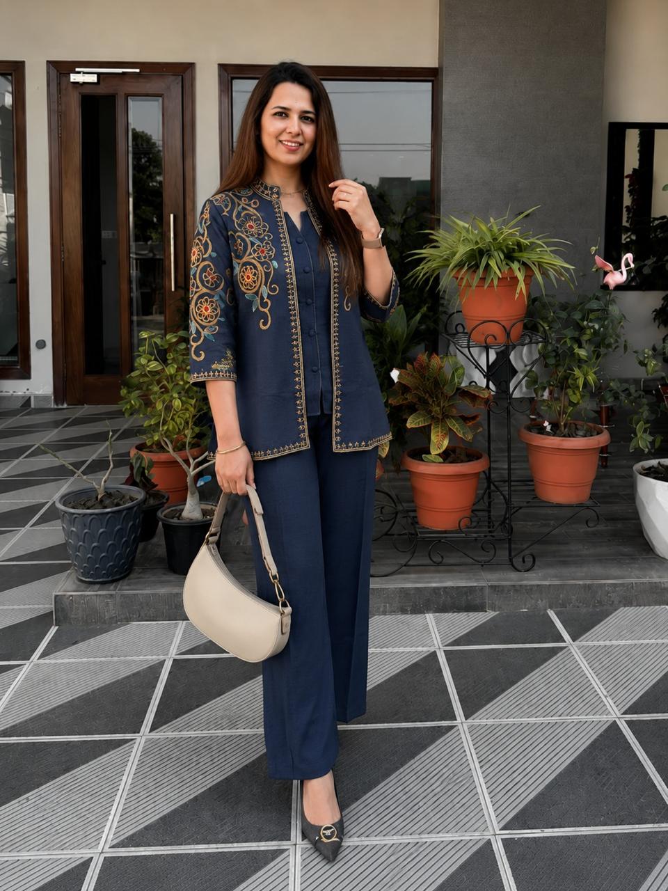 Floral Embroidered Cotton Flex Jacket Top, Inner & Straight Trouser Set | 3-Piece