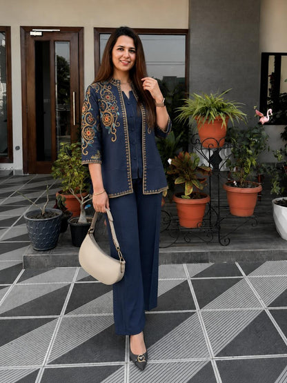 Floral Embroidered Cotton Flex Jacket Top, Inner & Straight Trouser Set | 3-Piece