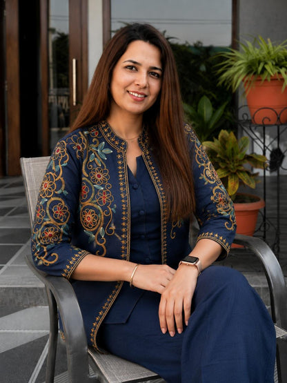 Floral Embroidered Cotton Flex Jacket Top, Inner & Straight Trouser Set | 3-Piece