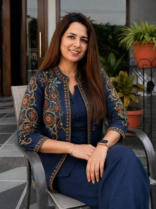 Floral Embroidered Cotton Flex Jacket Top, Inner & Straight Trouser Set | 3-Piece