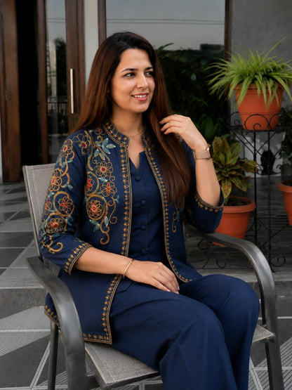 Floral Embroidered Cotton Flex Jacket Top, Inner & Straight Trouser Set | 3-Piece