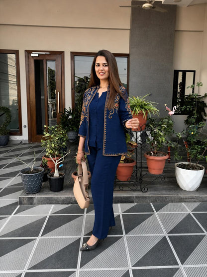 Floral Embroidered Cotton Flex Jacket Top, Inner & Straight Trouser Set | 3-Piece