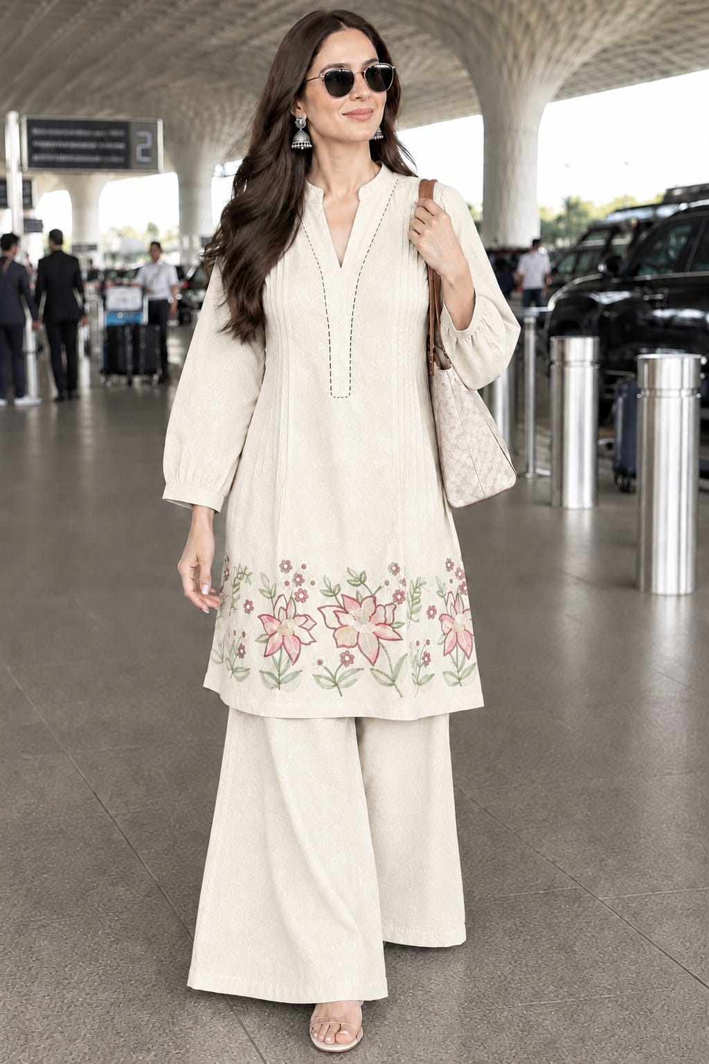 Floral Embroidered Cotton Flex Kurta & Wide-Leg Palazzo Co-Ord Set