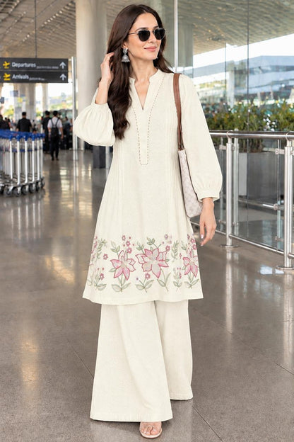 Floral Embroidered Cotton Flex Kurta & Wide-Leg Palazzo Co-Ord Set