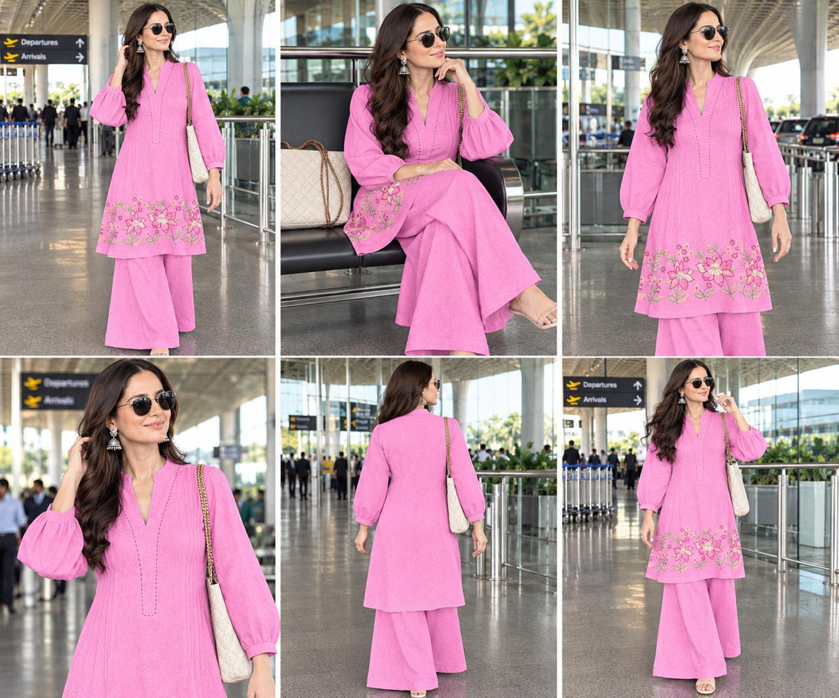 Floral Embroidered Cotton Flex Kurta & Wide-Leg Palazzo Co-Ord Set