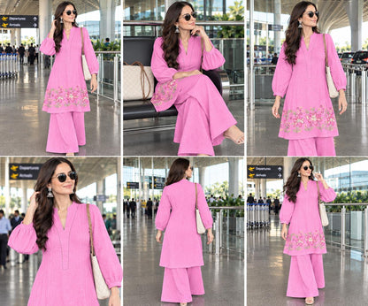 Floral Embroidered Cotton Flex Kurta & Wide-Leg Palazzo Co-Ord Set
