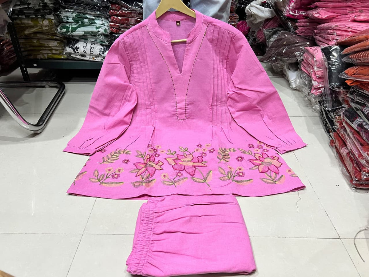 Floral Embroidered Cotton Flex Kurta & Wide-Leg Palazzo Co-Ord Set