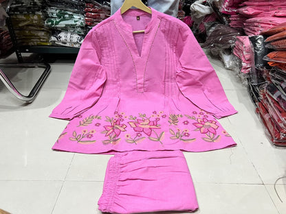 Floral Embroidered Cotton Flex Kurta & Wide-Leg Palazzo Co-Ord Set