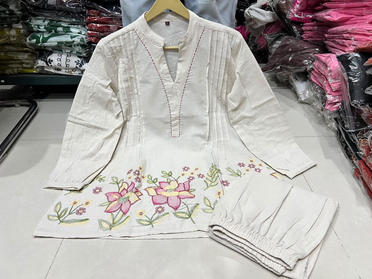 Floral Embroidered Cotton Flex Kurta & Wide-Leg Palazzo Co-Ord Set