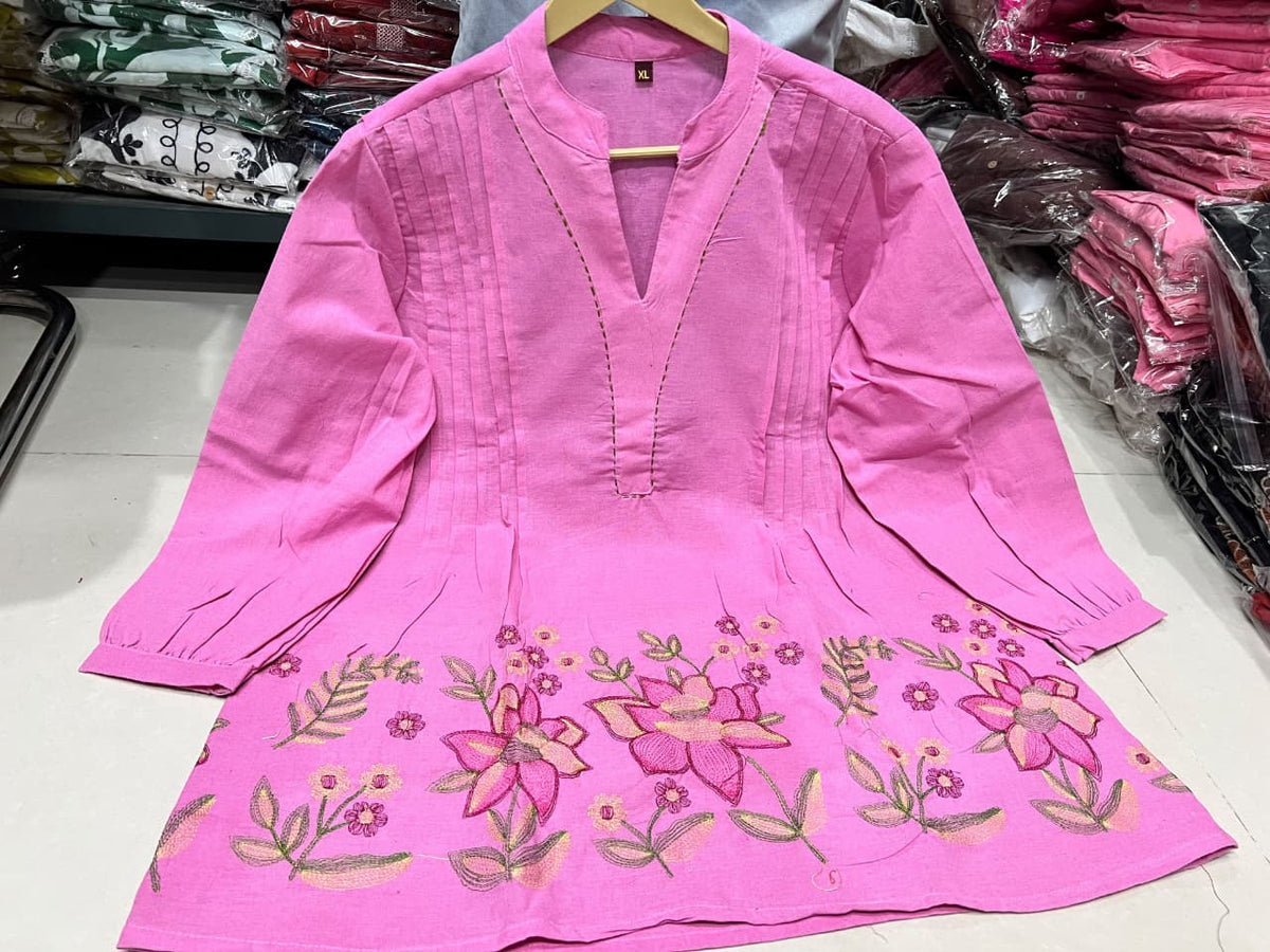 Floral Embroidered Cotton Flex Kurta & Wide-Leg Palazzo Co-Ord Set