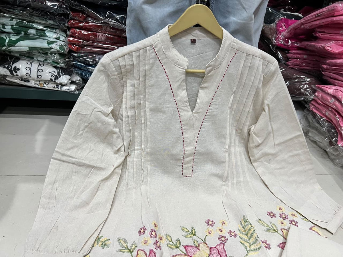 Floral Embroidered Cotton Flex Kurta & Wide-Leg Palazzo Co-Ord Set