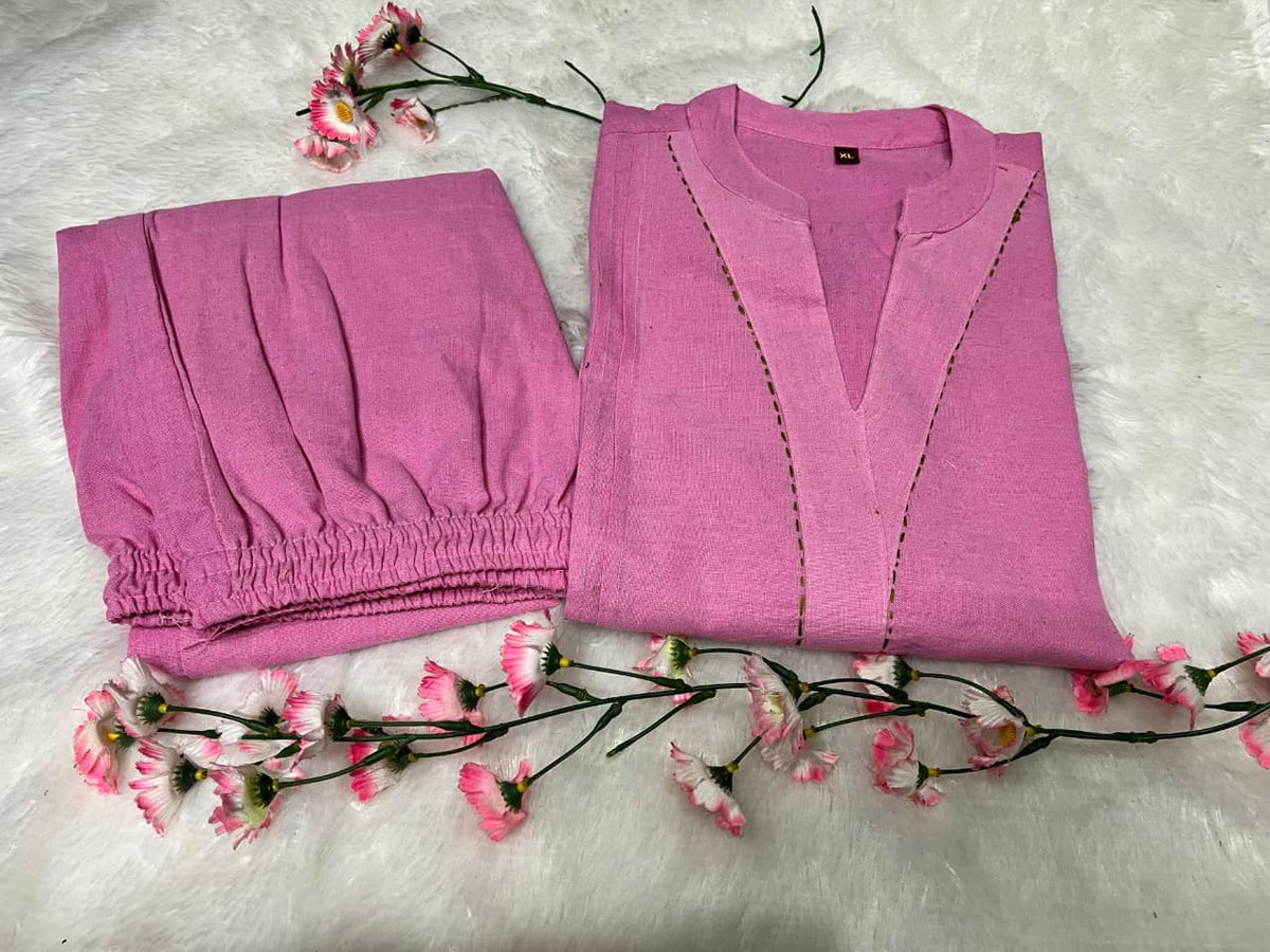 Floral Embroidered Cotton Flex Kurta & Wide-Leg Palazzo Co-Ord Set