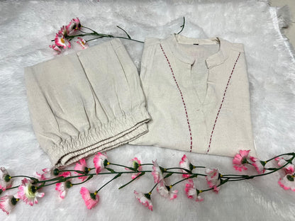 Floral Embroidered Cotton Flex Kurta & Wide-Leg Palazzo Co-Ord Set