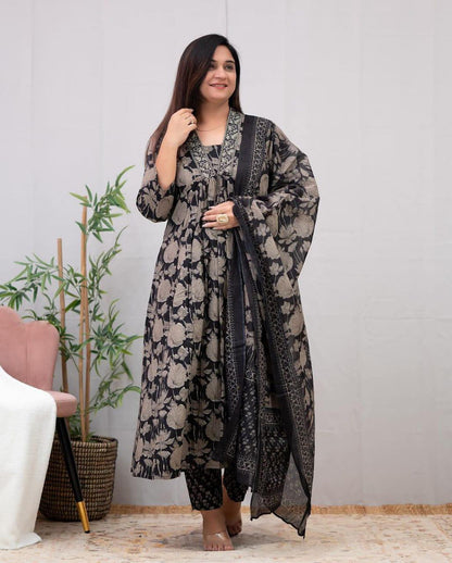 Floral Print Cotton Kurta Pant Suit Set with Embroidery & Dupatta