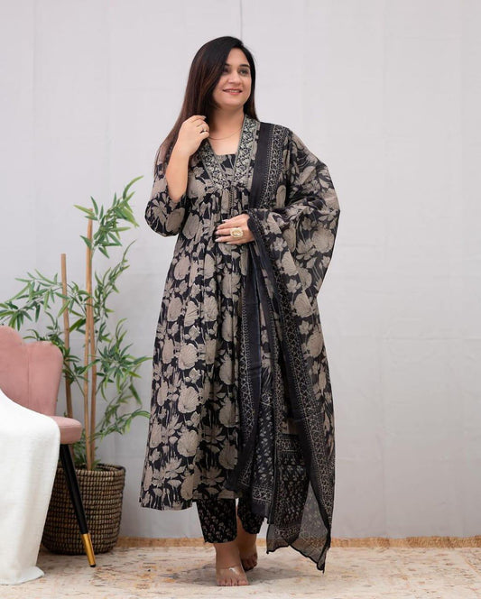 Floral Print Cotton Kurta Pant Suit Set with Embroidery & Dupatta