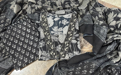 Floral Print Cotton Kurta Pant Suit Set with Embroidery & Dupatta