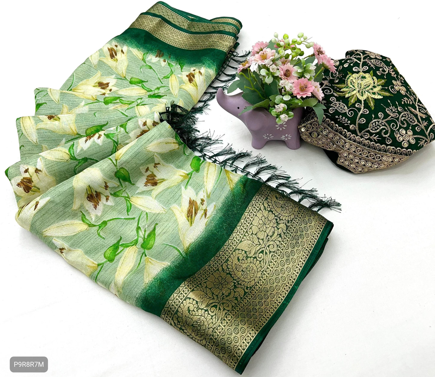 Floral Print Dola Silk Saree with Zari Border & Embroidered Blouse