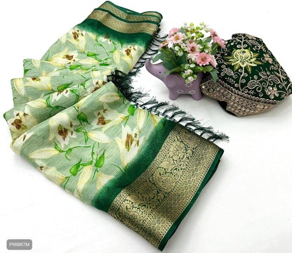 Floral Print Dola Silk Saree with Zari Border & Embroidered Blouse