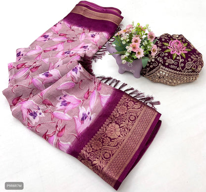 Floral Print Dola Silk Saree with Zari Border & Embroidered Blouse