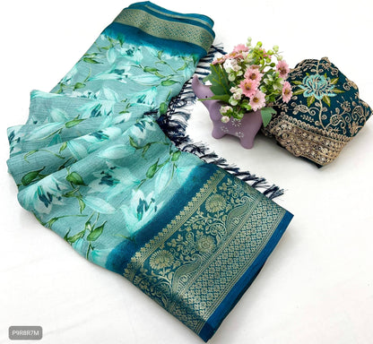 Floral Print Dola Silk Saree with Zari Border & Embroidered Blouse